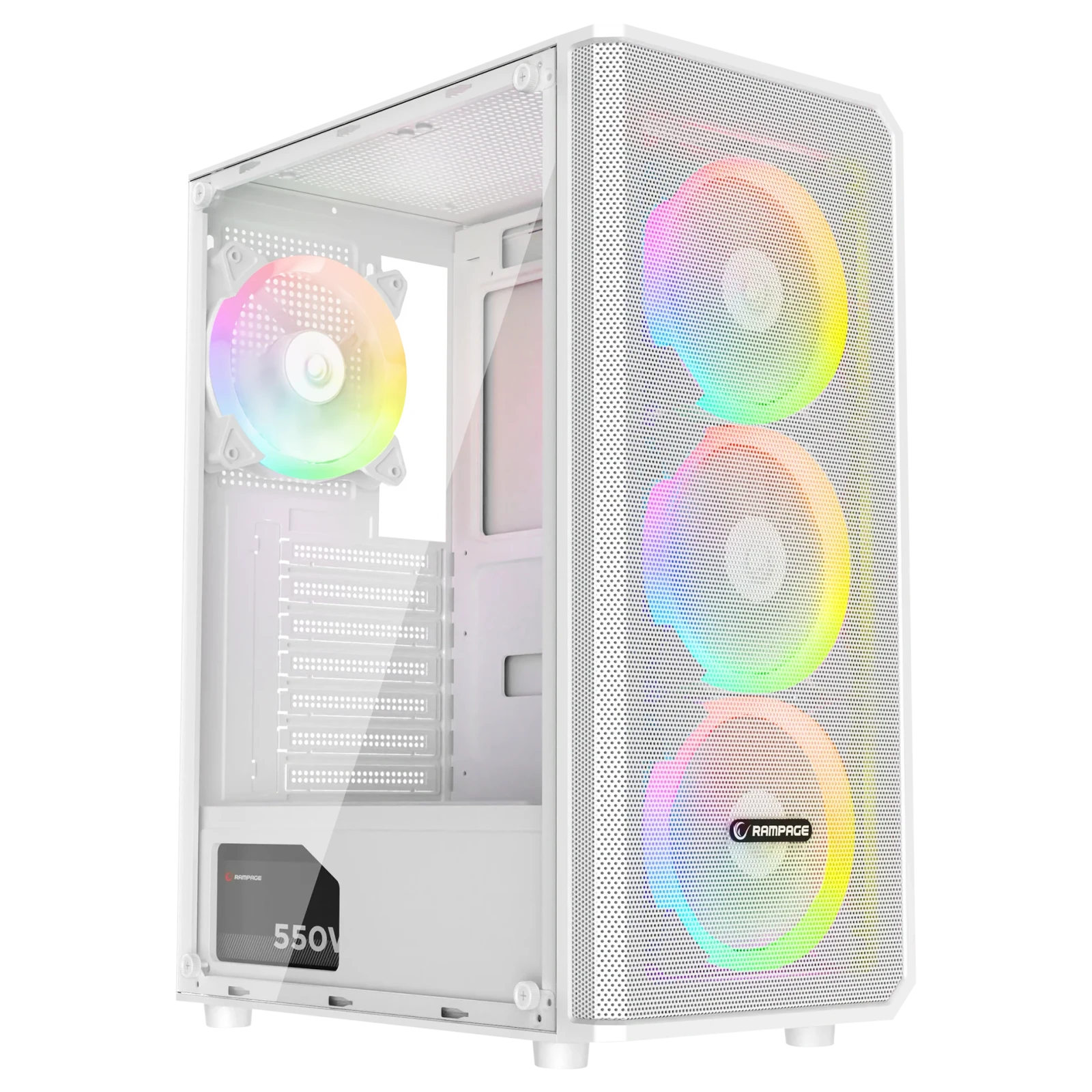 Rampage Helios Mesh 550W 80+ Bronze Temperli Cam 4x12cm Rainbow Atx Mid-T Oyuncu Kasası-Beyaz