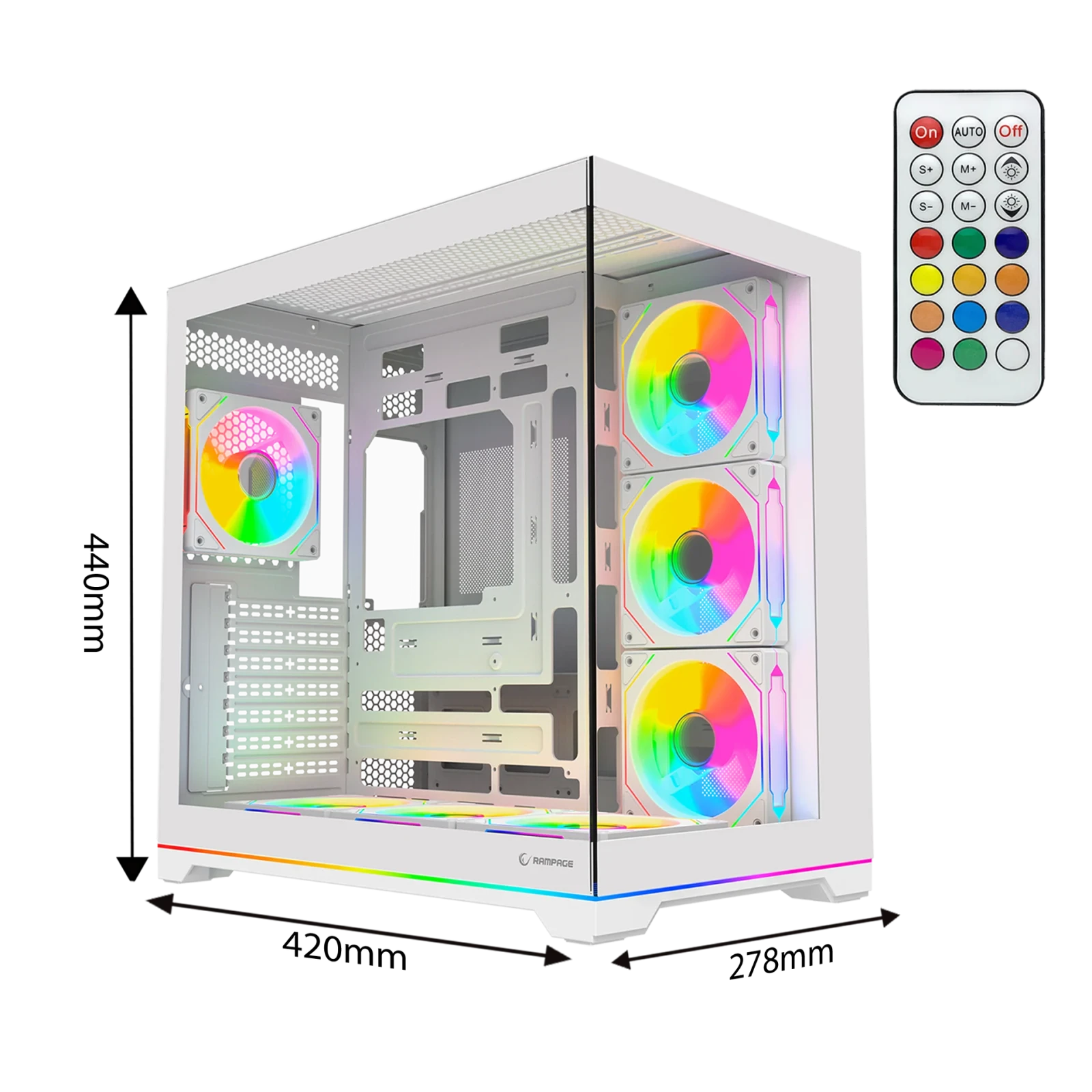 Rampage KAIZER - Kumandalı 7*12cm ARGB Fan+Kontrolcü PWM Fanlı ATX/M-ATX Beyaz Oyuncu Kasası