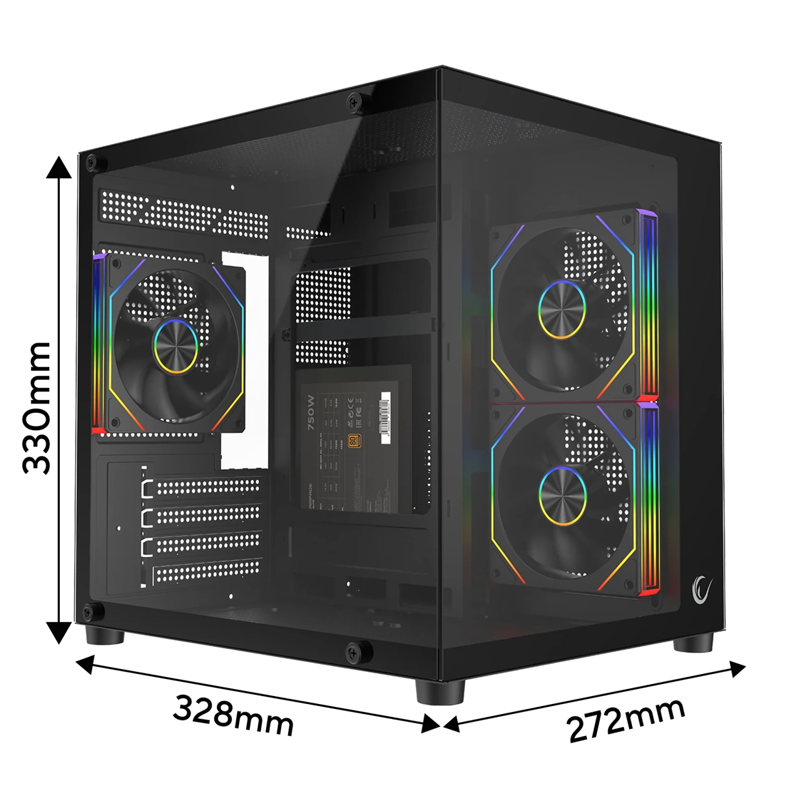 Rampage LUMID - 750W 80 Plus Bronze M-ATX Temperli Camlı 3*12cm ARGB Fan Siyah Oyuncu Kasası