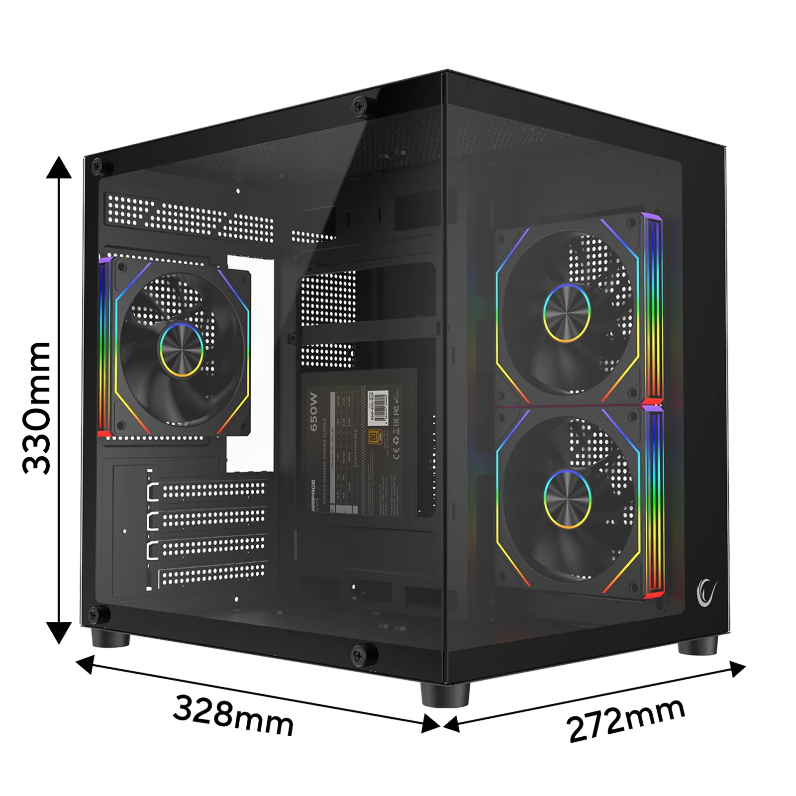 Rampage LUMID V2 - 650W 80 Plus Bronze M-ATX Temperli Camlı 3*12cm ARGB Fan Siyah Oyuncu Kasası