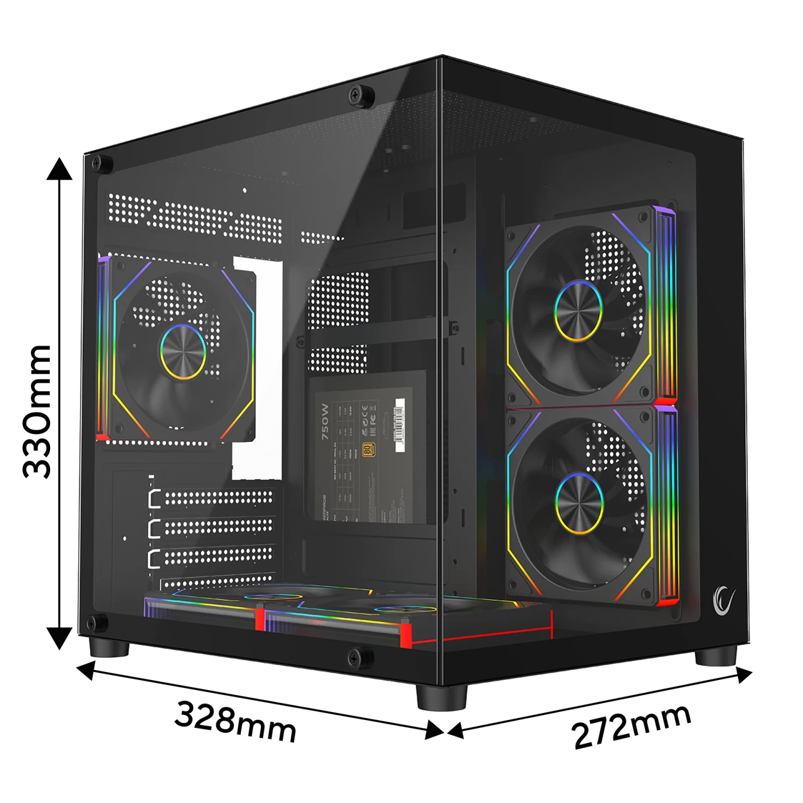Rampage MINID V1 - 750W 80 Plus Bronze M-ATX Temperli Camlı 5*12cm ARGB Fan Siyah Oyuncu Kasası
