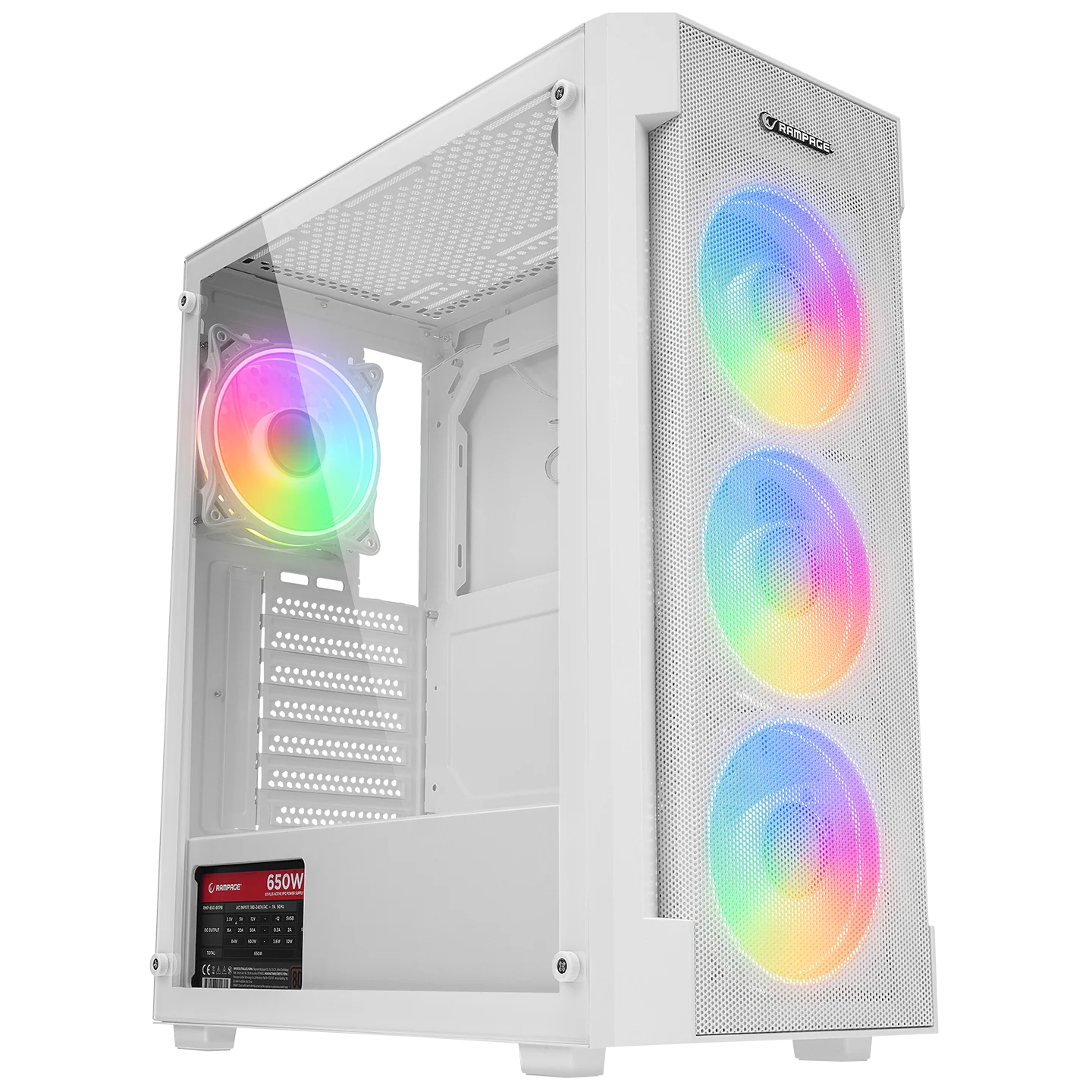 Rampage Vigilant Mesh 650W 80+ Bronze Temperli Camlı 4x12cm RGB Fan Atx Mid-T Oyuncu Kasası-Beyaz