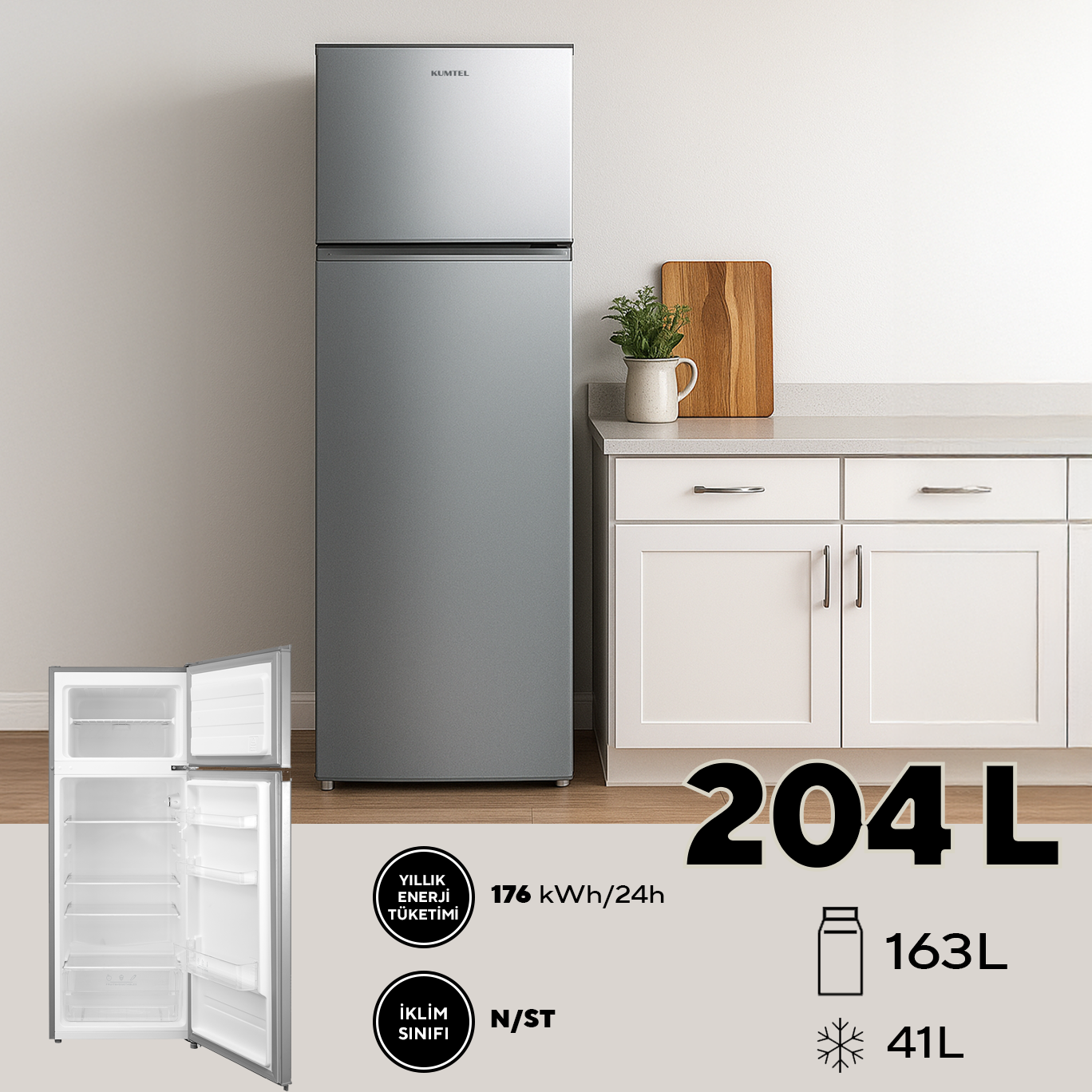 Kumtel Silver Çift Kapılı Dijital Buzdolabı 204L HTMF-210SL (4Q0056335) görsel 2