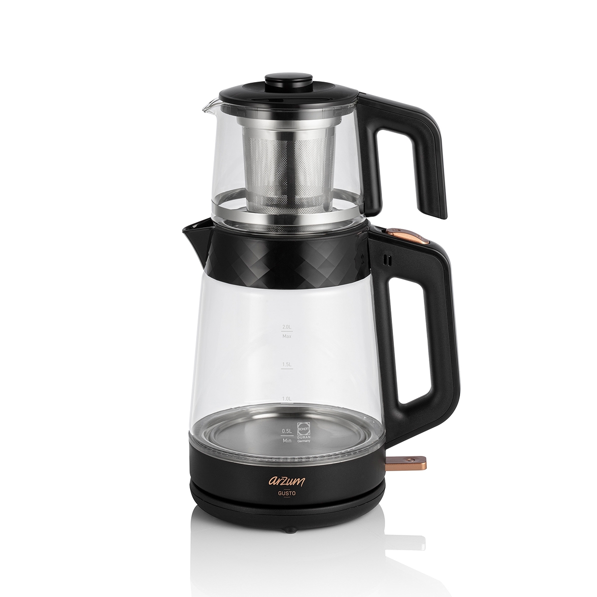 Arzum AR3101 Gusto Cam Çay Makinesi 1900 W, 0.9 L Demlik Kapasitesi, Siyah