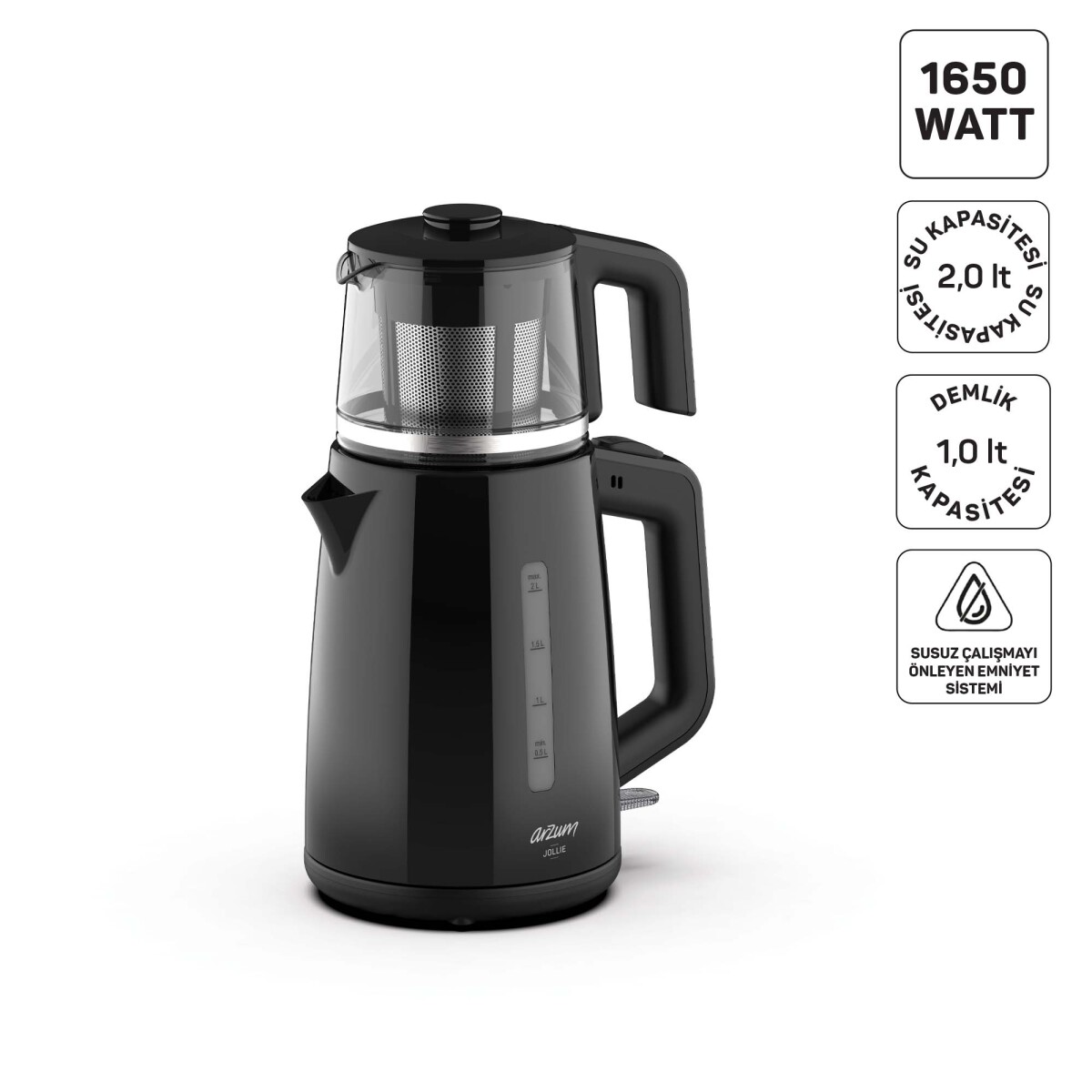 Arzum AR3151 Jollie Çay Makinesi 1650W, 1 L Demlik Kapasitesi, Siyah