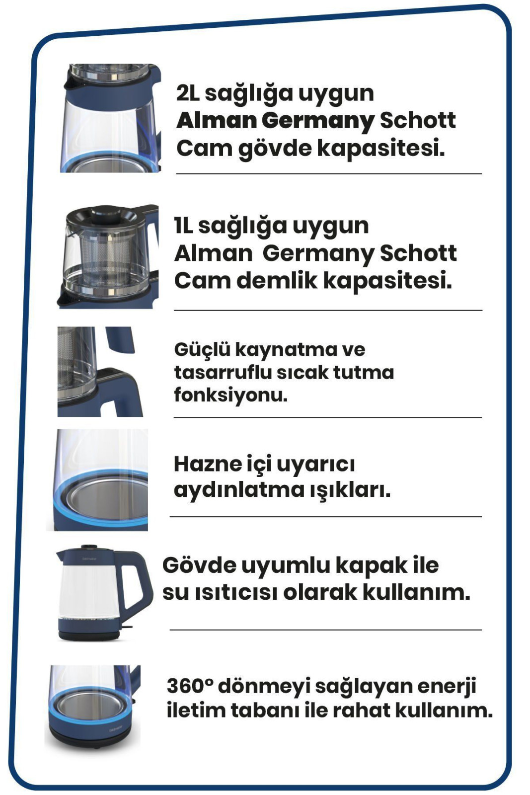 Goldmaster Alman Schott Cam Demlikli Ve Genis Govdeli Cay Makinesi Ve Led Isikli Su Isiticisi görsel 2