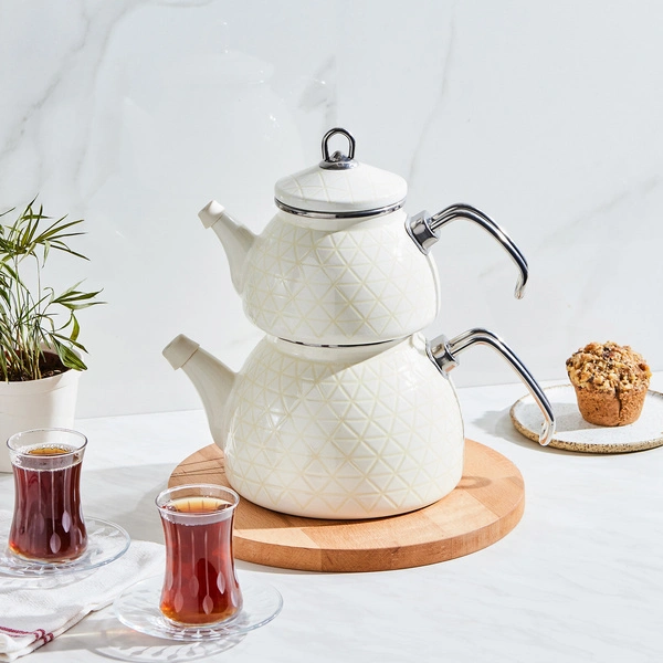 Karaca Kristal Krem İndüksiyon Tabanlı Emaye Midi Çaydanlık Takımı 1,1L & 2,3L