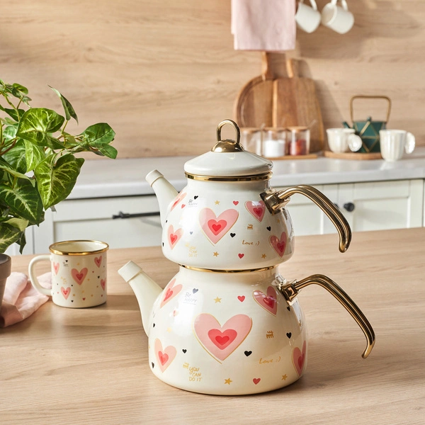 Karaca Pink Love Emaye Midi Çaydanlık Takımı 1,1L & 2L