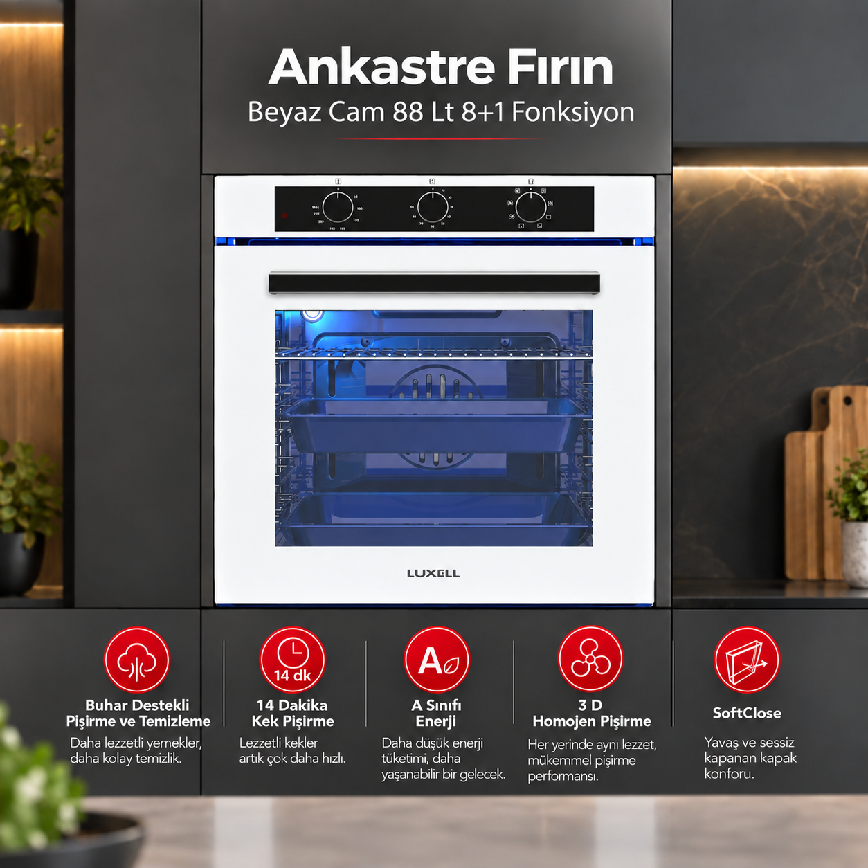 Luxell Ankastre Fırın Beyaz Cam 88 LT 8+1 Fonksiyon 3 Düğme – A68-SF3 görsel 2