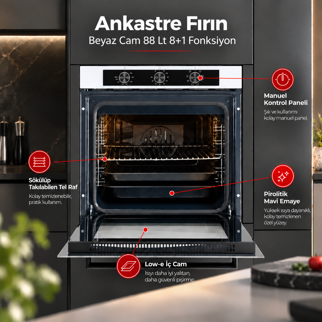 Luxell Ankastre Fırın Beyaz Cam 88 LT 8+1 Fonksiyon 3 Düğme – A68-SF3 görsel 4
