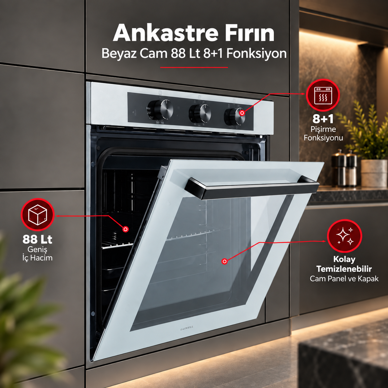 Luxell Ankastre Fırın Beyaz Cam 88 LT 8+1 Fonksiyon 3 Düğme – A68-SF3 görsel 3