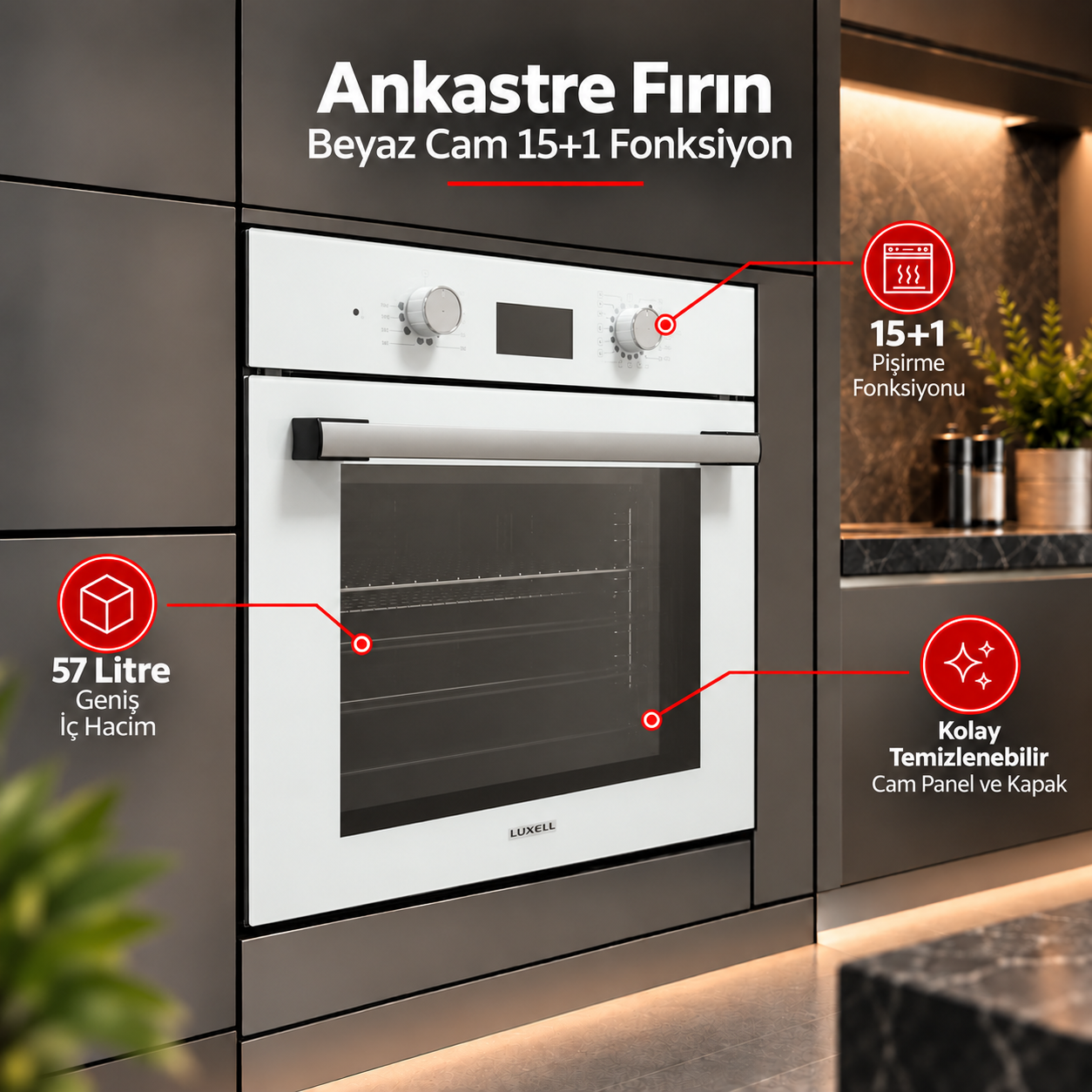Luxell Ankastre Fırın Beyaz Cam Opall 15+1 Fonksiyon Dijital – B66-SGF3 görsel 3