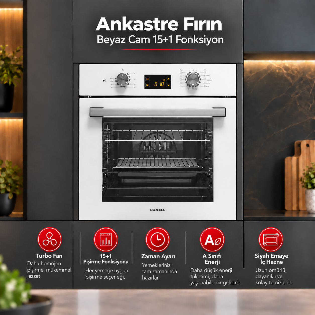 Luxell Ankastre Fırın Beyaz Cam Opall 15+1 Fonksiyon Dijital – B66-SGF3 görsel 2