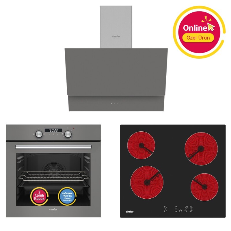 Simfer 0+3 Fonkisyon Trend Dijital Gri Power Turbo Elektrikli 3'lü Ankastre Set (8225 Fırın + 3970 Elektrikli Ocak + 8705 Davlumbaz)
