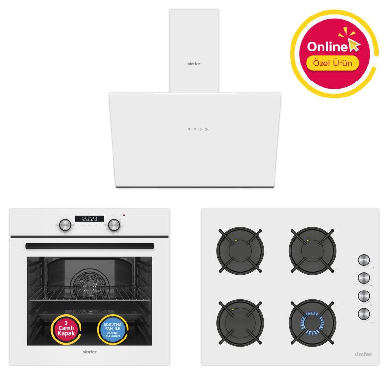 Simfer 0+3 Fonksiyon Trend Dijital Beyaz Power Turbo 3'lü Ankastre Set (8204 Fırın + 3048 Ocak + 8722 Davlumbaz)