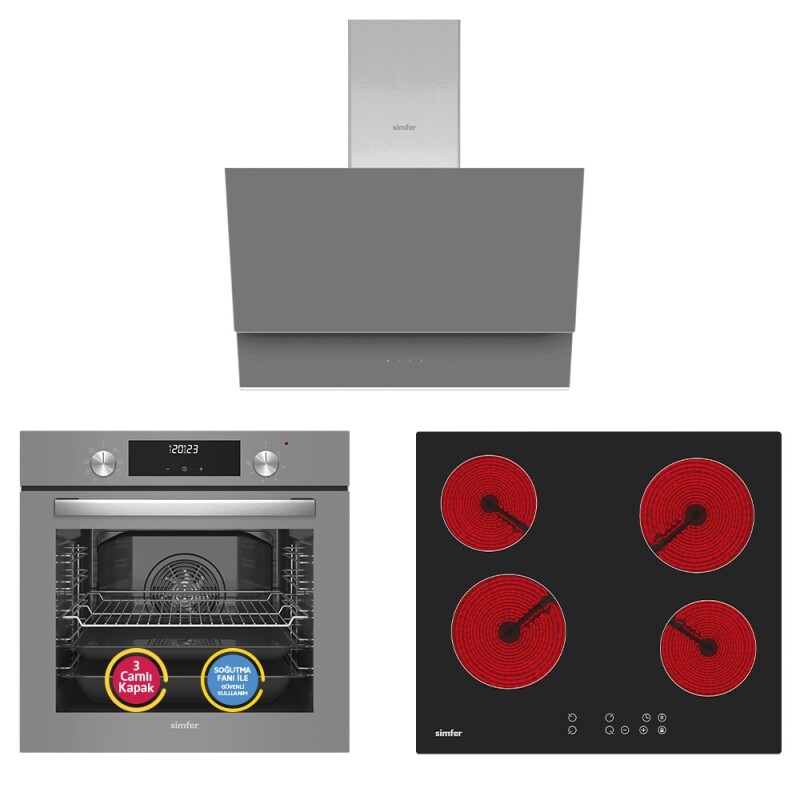 Simfer 0+8 Fonksiyon QS Gri Dijital Power Turbo Elektrikli 3'lü Ankastre Set (8223 Fırın + 3970 Elektrikli Ocak + 8740 Davlumbaz)