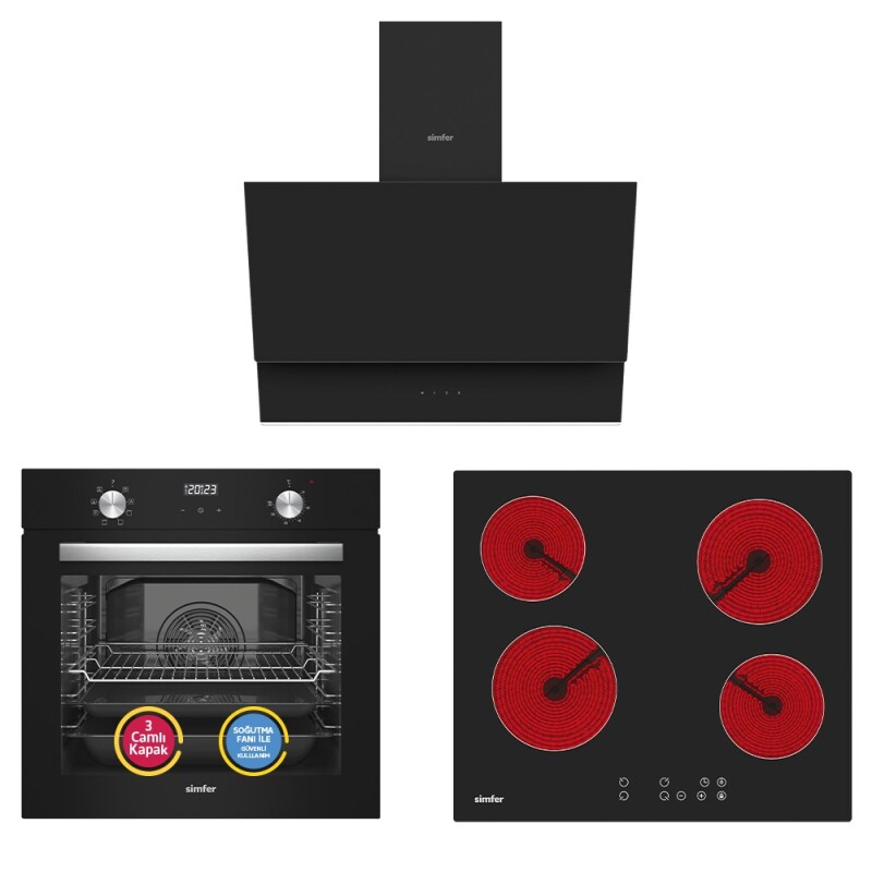 Simfer 0+8 Fonksiyon QS Siyah Dijital Power Turbo Elektrikli 3'lü Ankastre Set (8208 Fırın + 3970 Elektrikli Ocak + 8703 Davlumbaz)