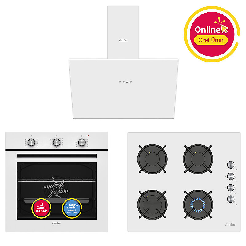 Simfer 0+8 Fonksiyon Trend Mekanik Beyaz Power Turbo 3'lü Ankastre Set (8268 Fırın + 3048 Ocak + 8722 Davlumbaz)
