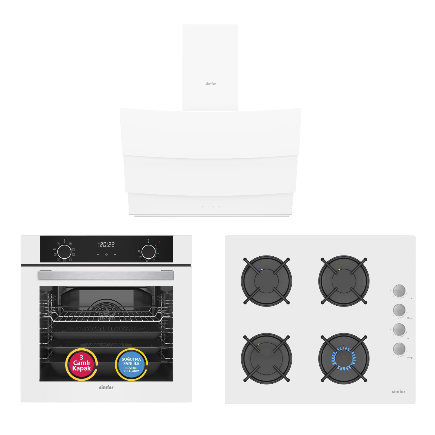 Simfer 0+9 Fonksiyon Airfry Beyaz 3'lü Ankastre Set (8216 Fırın + 3507 Ocak + 8707 Davlumbaz)