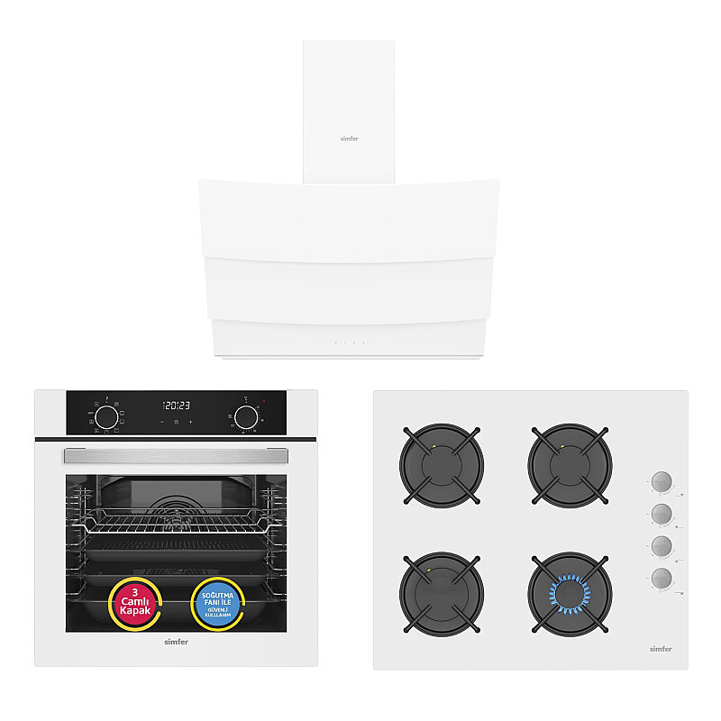 Simfer 0+9 Fonksiyon Airfry Beyaz 3'lü Ankastre Set (8216 Fırın + 3507 Ocak + 8707 Davlumbaz)