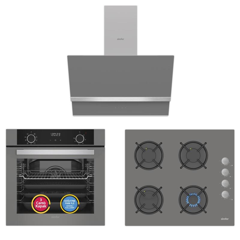 Simfer 0+9 Fonksiyon Airfry Gri 3'lü Ankastre Set (8217 Fırın + 3538 Ocak + 8740 Davlumbaz)