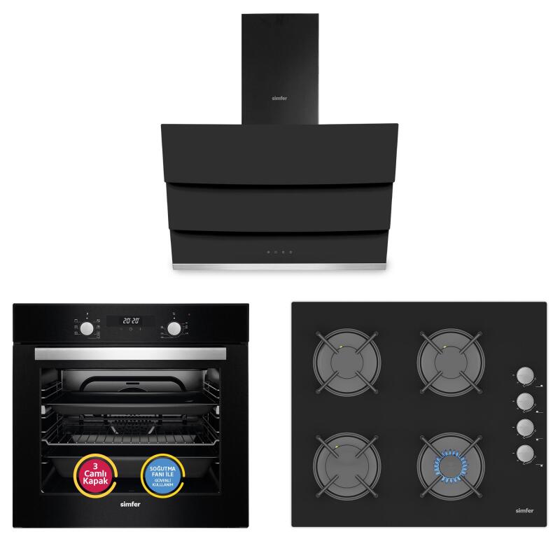 Simfer Turbo Siyah Ankastre Set (7327 Fırın + 3500 Ocak + 8678 Davlumbaz)