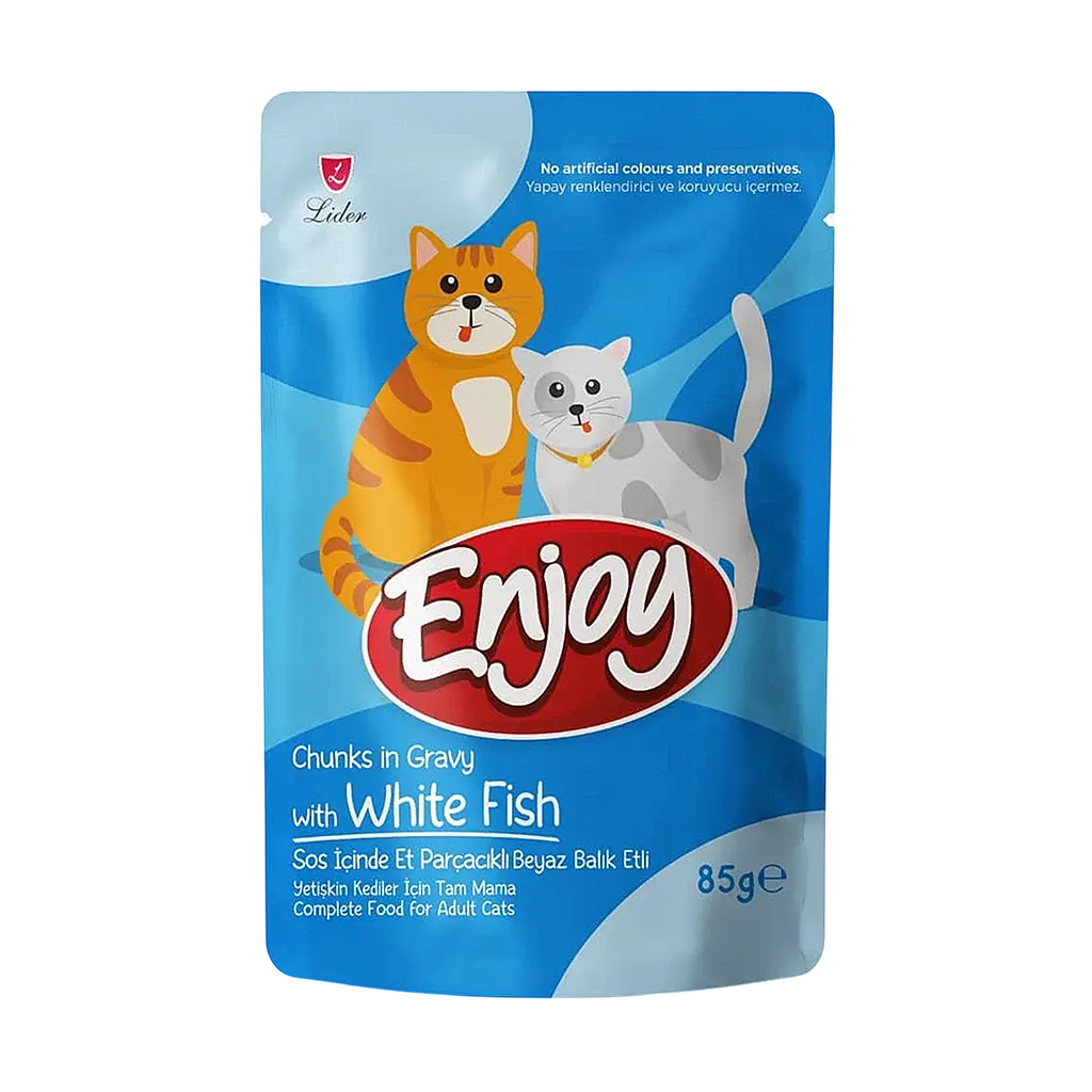 Enjoy Sos İçinde Et Parçacıklı Beyaz Balıklı Yetişkin Kedi Konservesi 85 gr