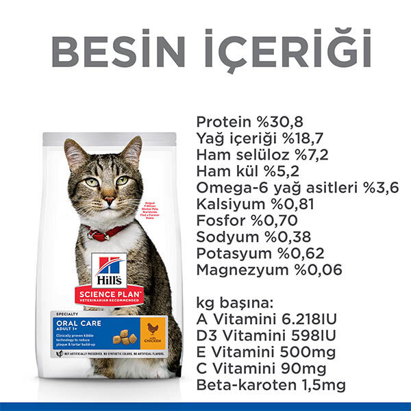 Hill's Science Plan Oral Care Ağız Sağlığı Destekleyici Tavuklu Yetişkin Kedi Maması 1,5 kg görsel 5