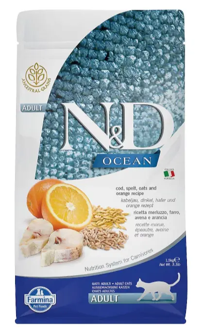 N&D Ocean Düşük Tahıllı Morina Balıklı ve Portakallı 1.5 kg Yetişkin Kedi Maması