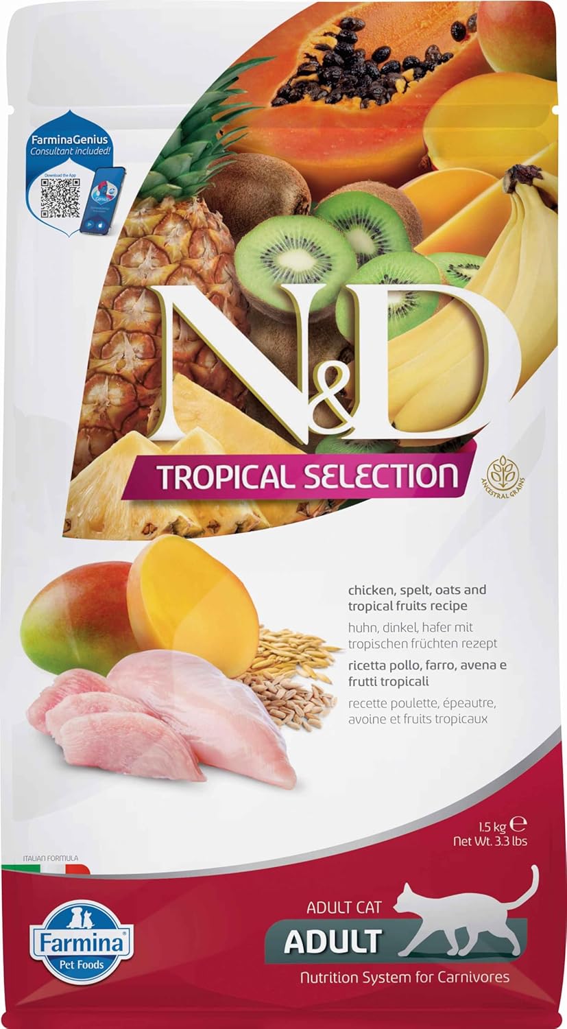 N&D Tropical Selection Tavuklu ve Tropikal Meyveli Yetişkin Kedi Maması 1.5 KG