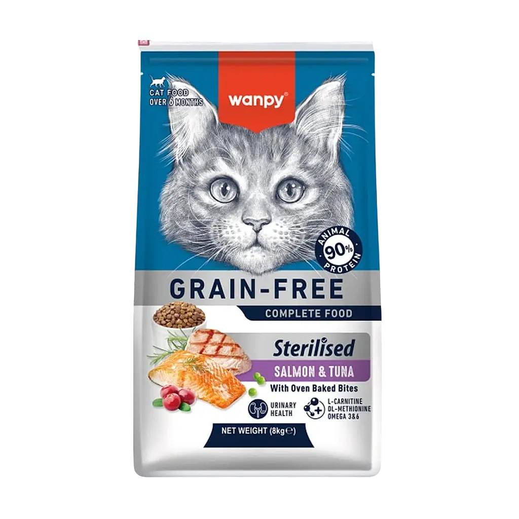 Wanpy Tahılsız Somonlu ve Ton Balıklı Kısırlaştırılmış Yetişkin Kedi Maması 8 kg