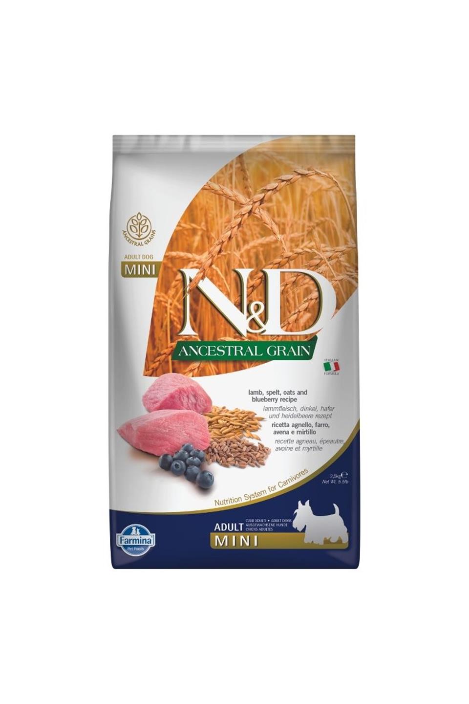 N&D Ancestral Grain Kuzu K.Buğday Yulaf & Yabanmersini Küçük Irk Yetişkin Köpek Maması 2,5 Kg