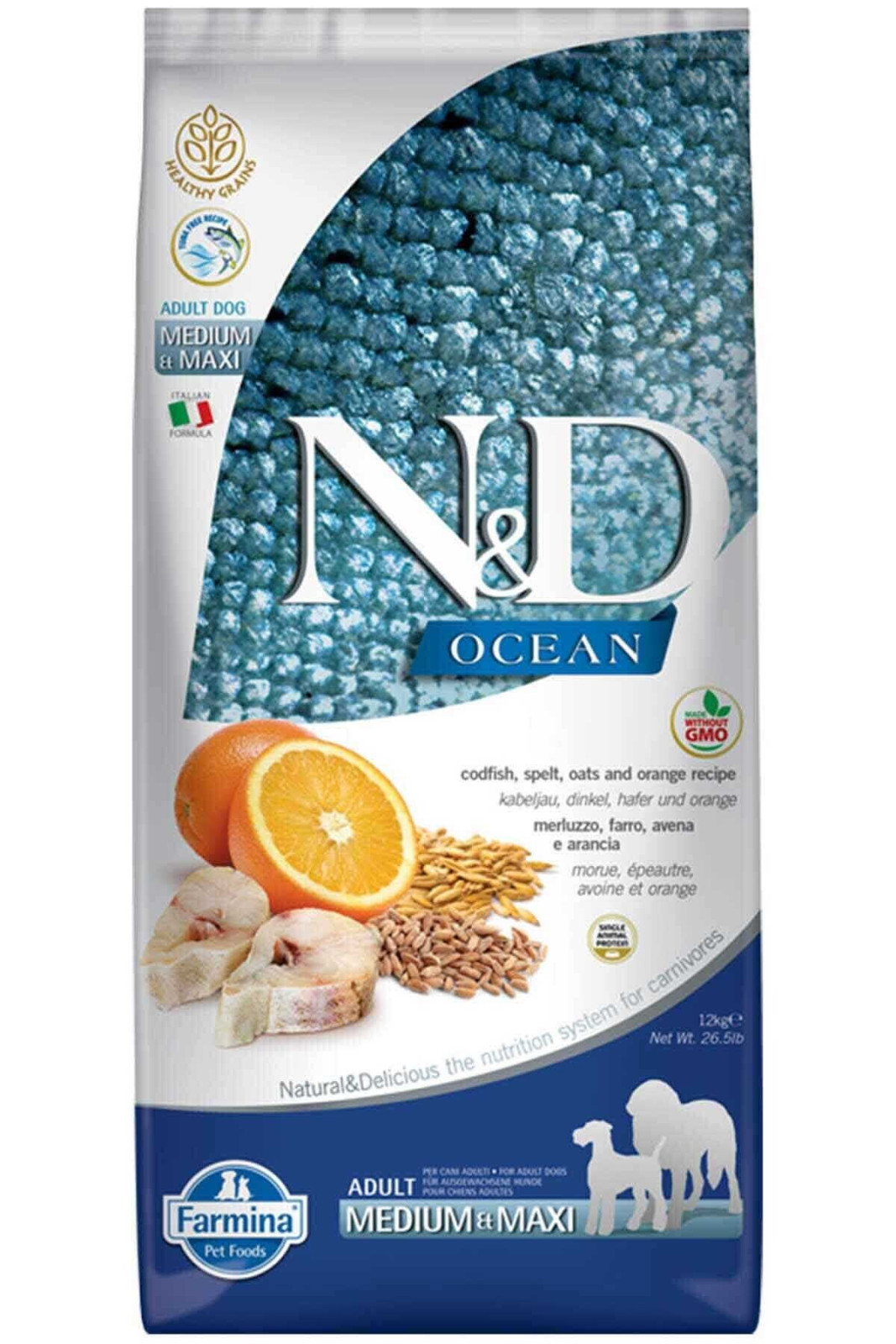 N&D Ocean Düşük Tahıllı Morina Balığı ve Portakallı Orta ve Büyük Irk Yetişkin Köpek Maması 12kg