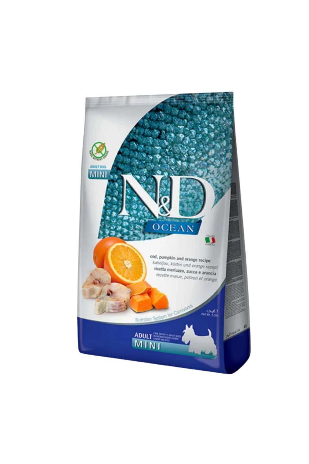 N&D Ocean Tahılsız Morina Balığı Balkabağı ve Portakallı Küçük Irk Köpek Maması 2,5 KG