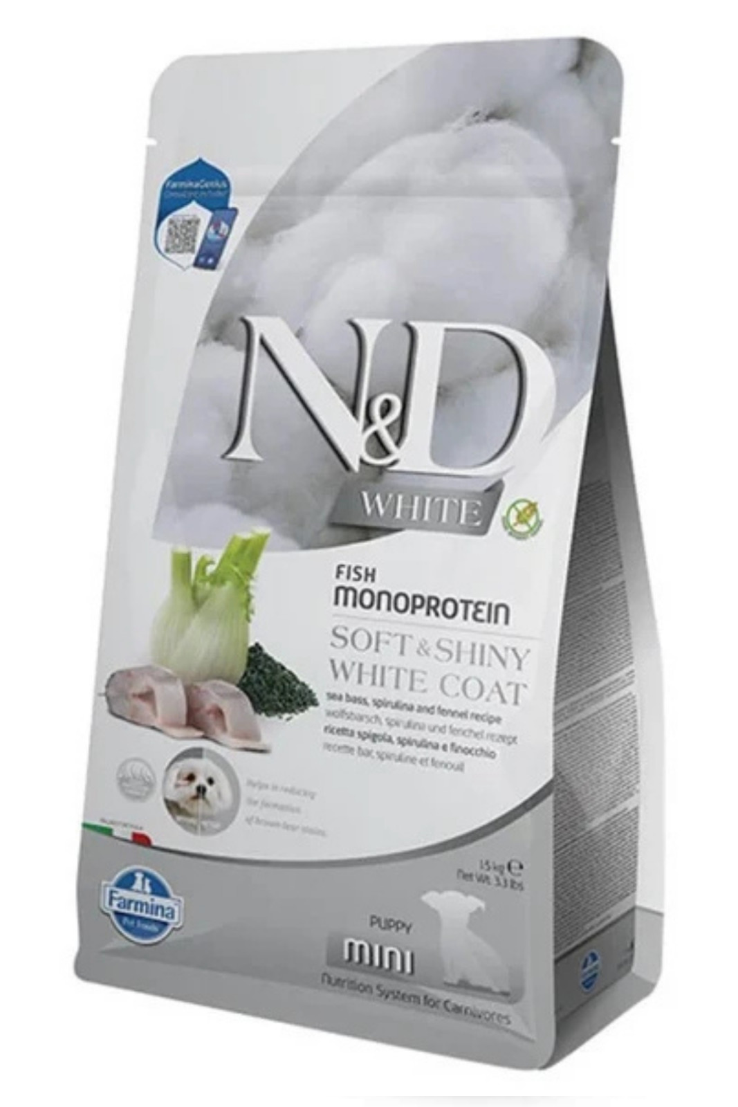 N&D White Coat Mini Puppy Levrek ve Spirulina Beyaz Tüylü Mini Irk Tahılsız Yavru Köpek Maması 1,5 KG