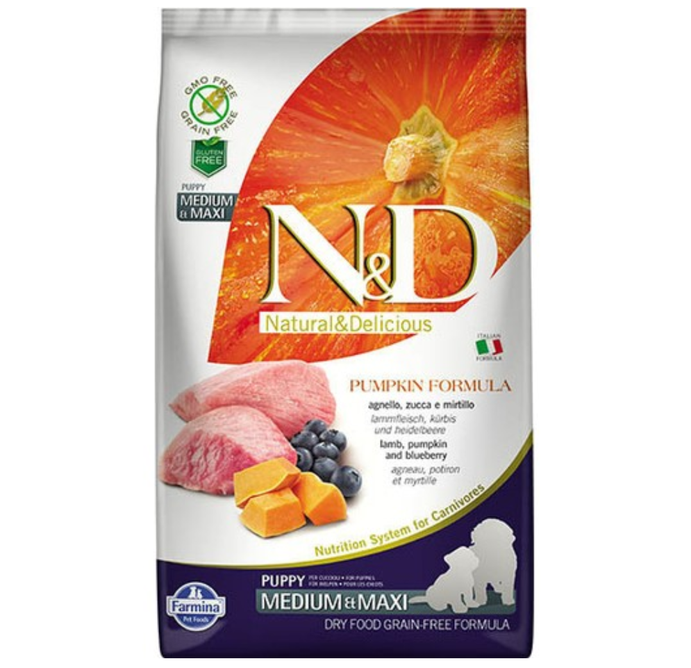 N&D Tahılsız Medium Maxi Puppy Balkabağı Kuzu Eti ve Yaban Mersinli 12 kg