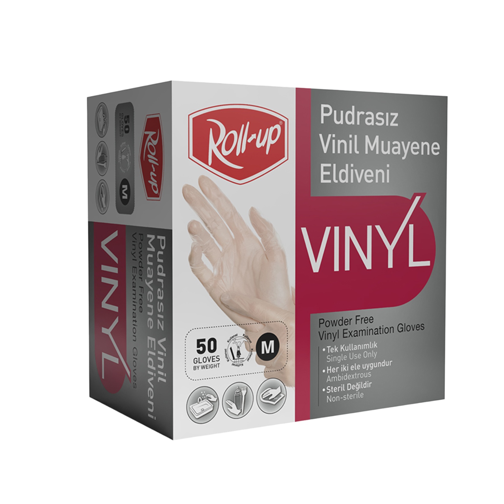 Roll Up Pudrasız Vinil Muayene Eldiveni 50 Adet