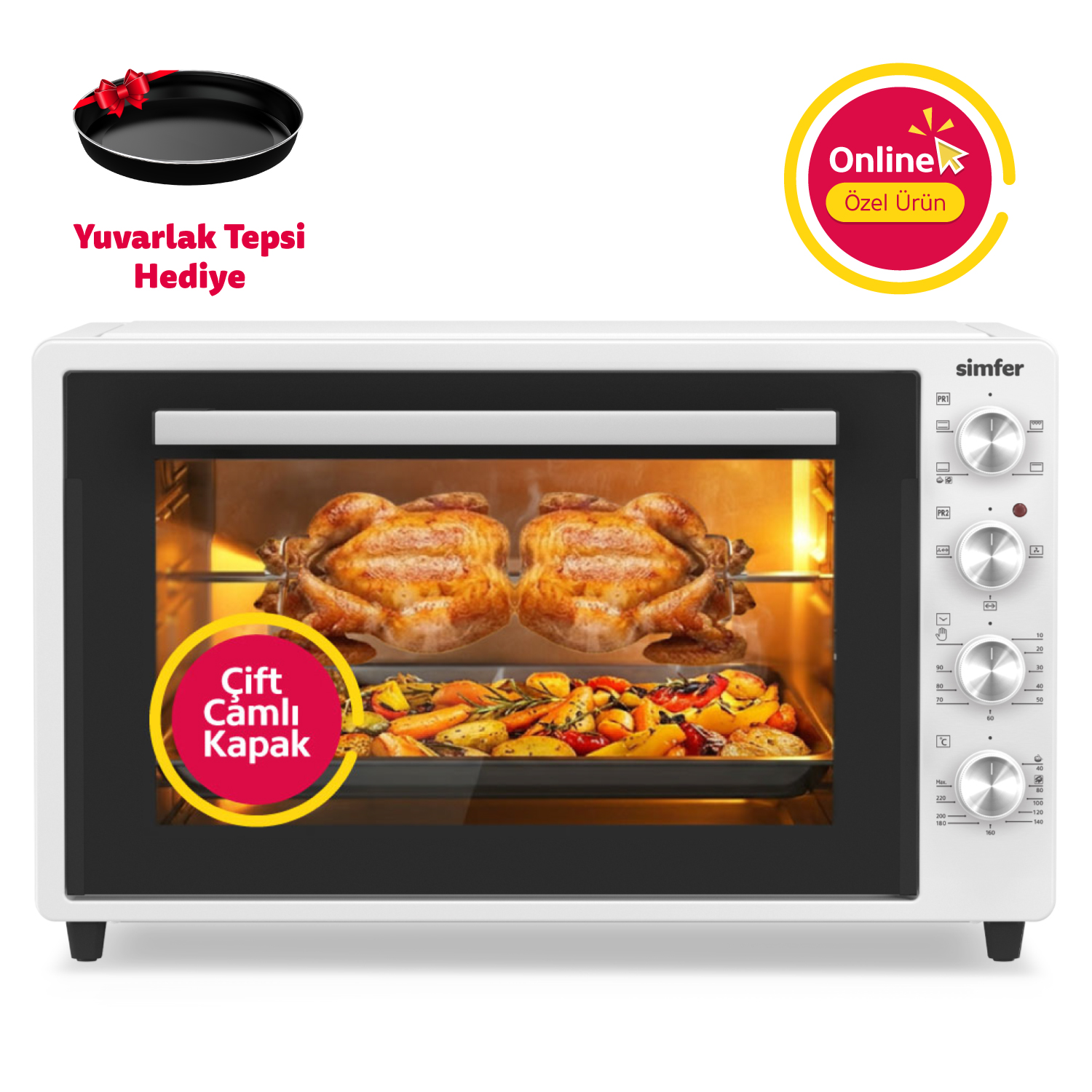 Simfer 7062 Beyaz 70 LT Turbo Fan Piliç Çevirme Mini/Midi Fırın - Multi Fonksiyon, Yoğurt Yapma, Buz Çözme & Çift Cam