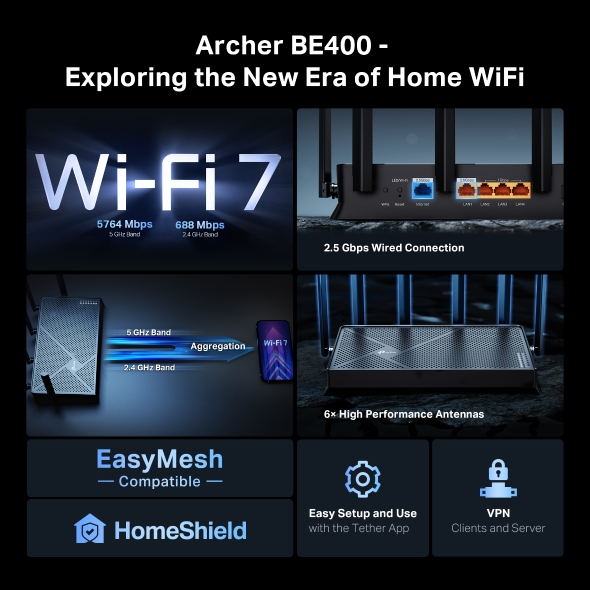 TP-Link Archer BE400 BE6500 Çift Bant Wi-Fi 7 Router