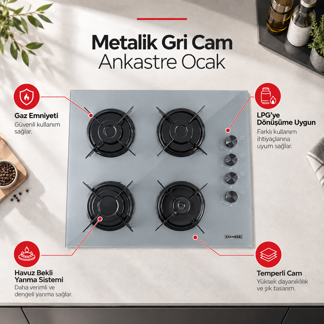 Luxell Metalik Gri Cam Ankastre Ocak - OC88 görsel 2