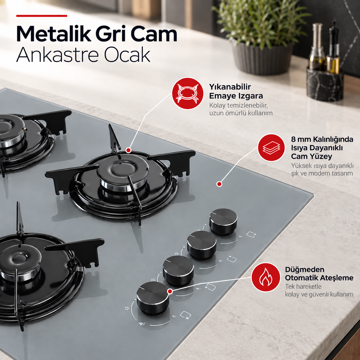 Luxell Metalik Gri Cam Ankastre Ocak - OC88 görsel 3