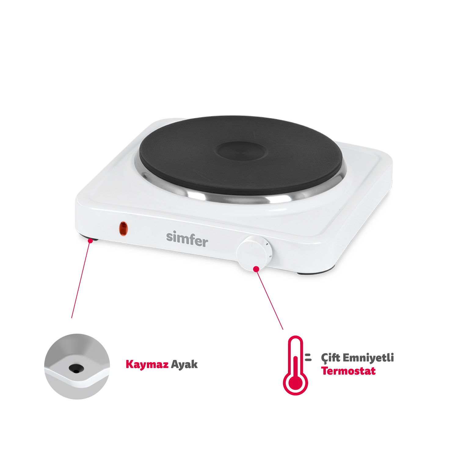 Simfer HP1500W Beyaz Hot Plate Tek Gözü Elektrikli Ocak (Çift Emniyetli Termostat , 1500W Krom Çember)