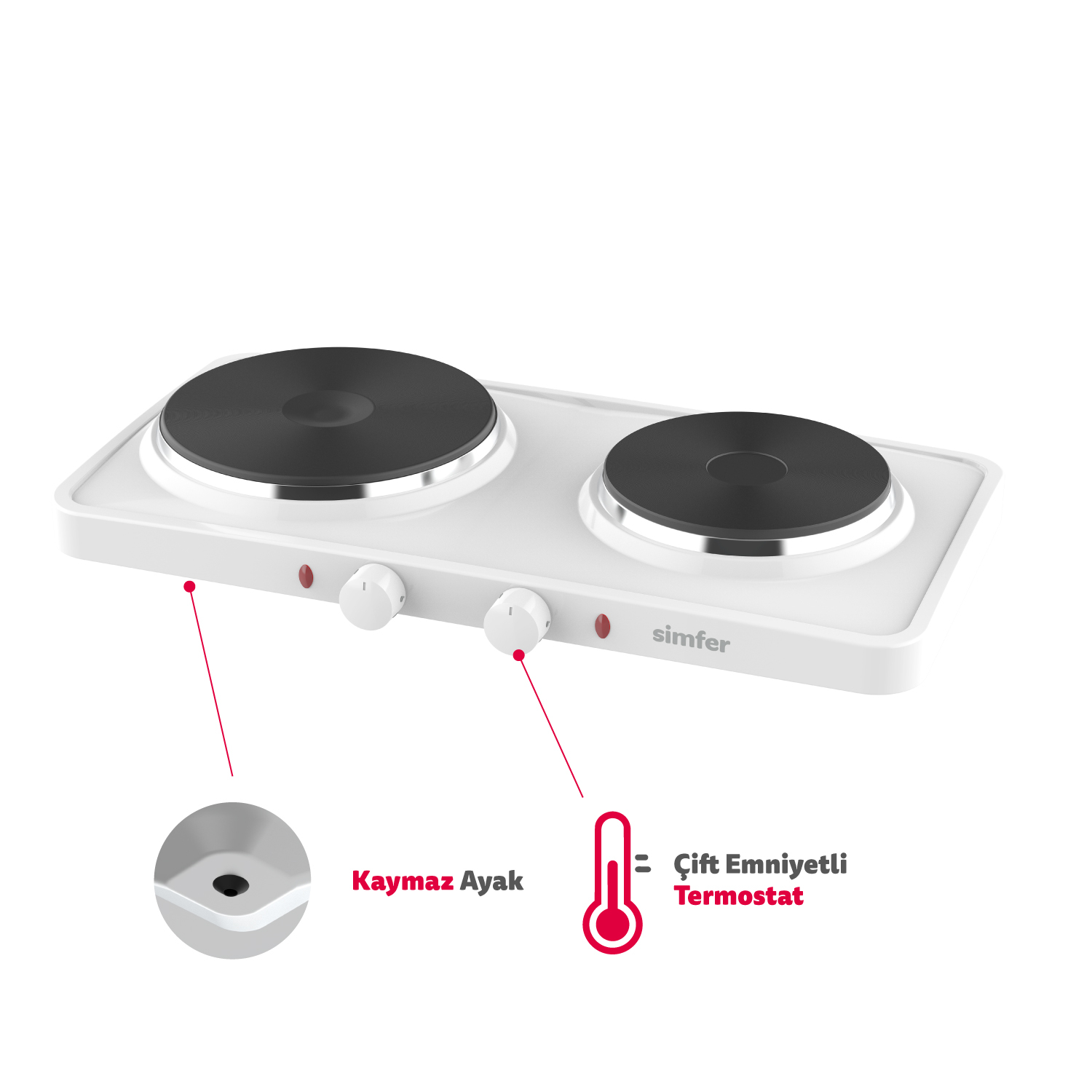 Simfer HP2500W Beyaz Hot Plate İki Gözlü Elektrikli Ocak (Çift Emniyetli Termostat , 2500W Krom Çember)