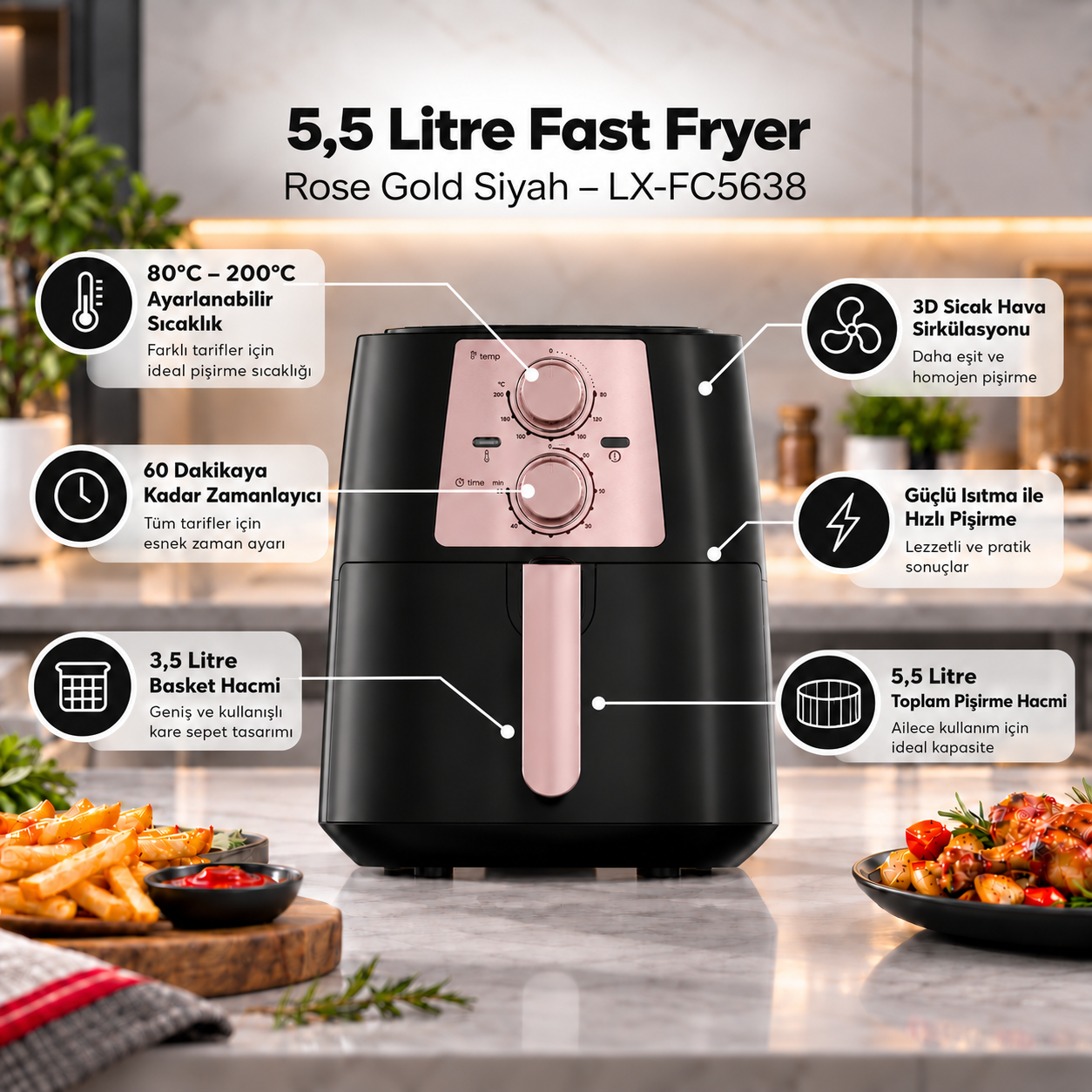 Luxell 5,5 Litre Fast Fryer Rose Gold Siyah – LX-FC5638 görsel 2