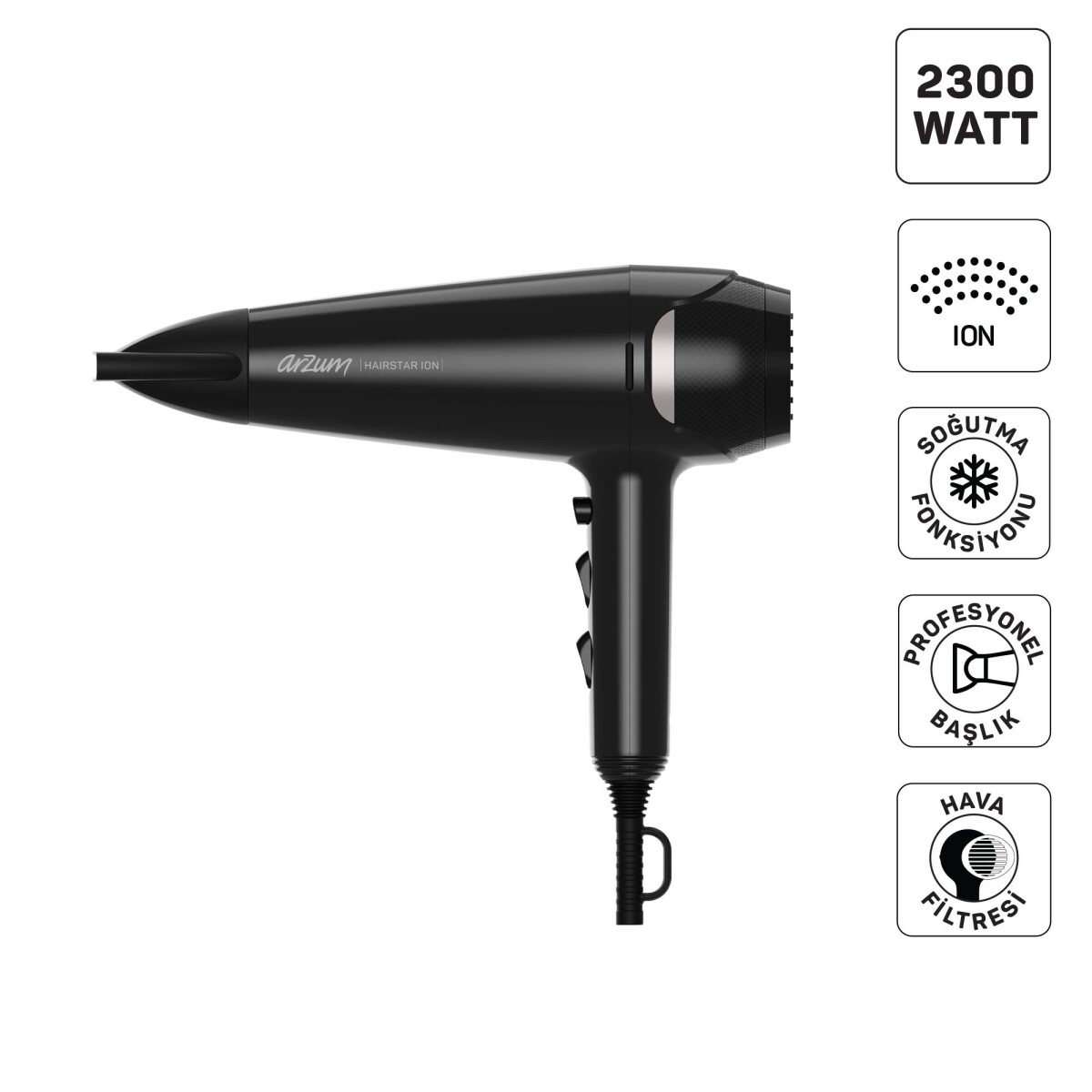 Arzum AR5138 Hairstar Ion Saç Kurutma Makinesi 2300 W, 2 Hız, 3 Isı Ayarı, Siyah