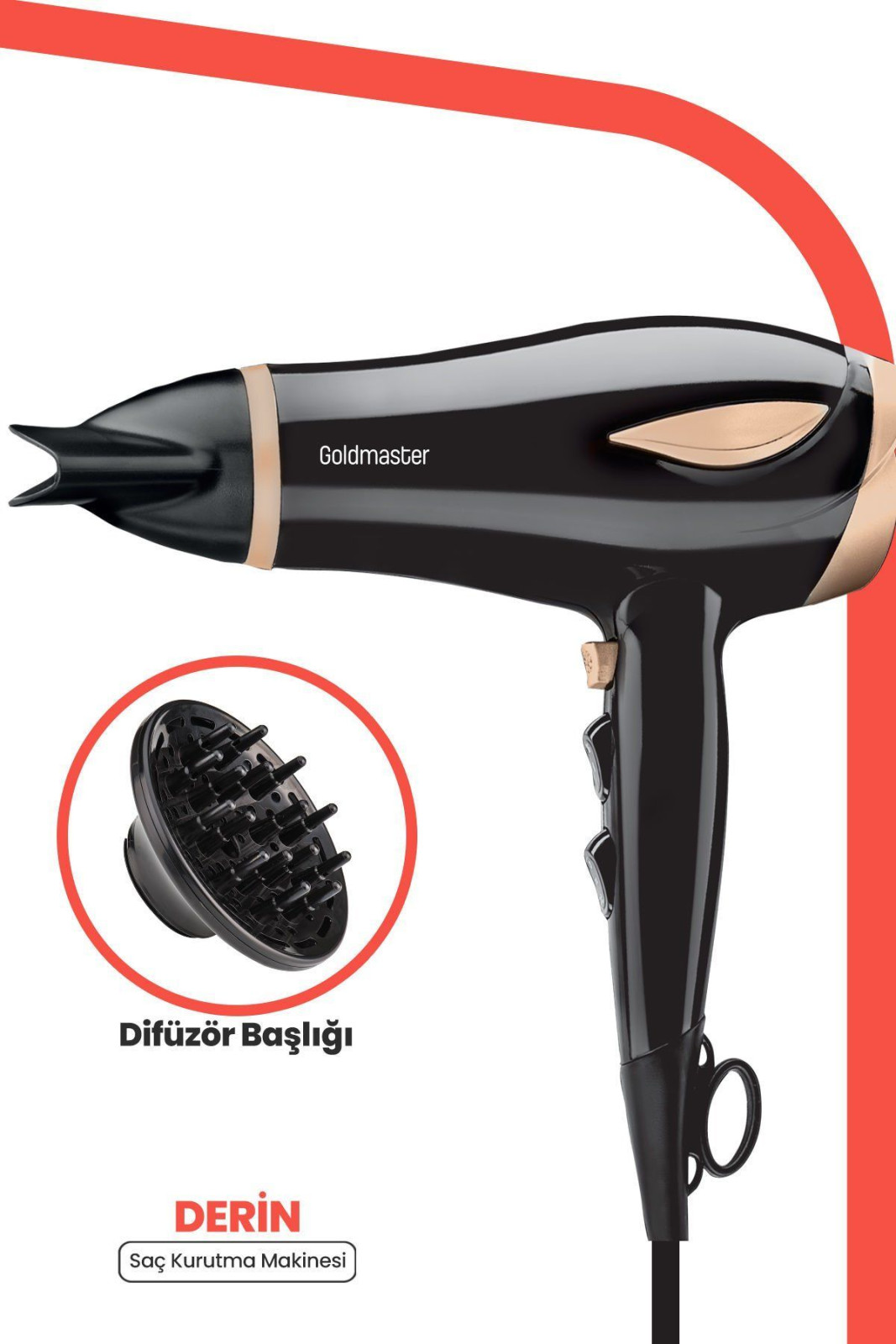 Goldmaster Derin 2200W Isı Ayarlı Difüzör Saç Kurutma Fön Makinesi