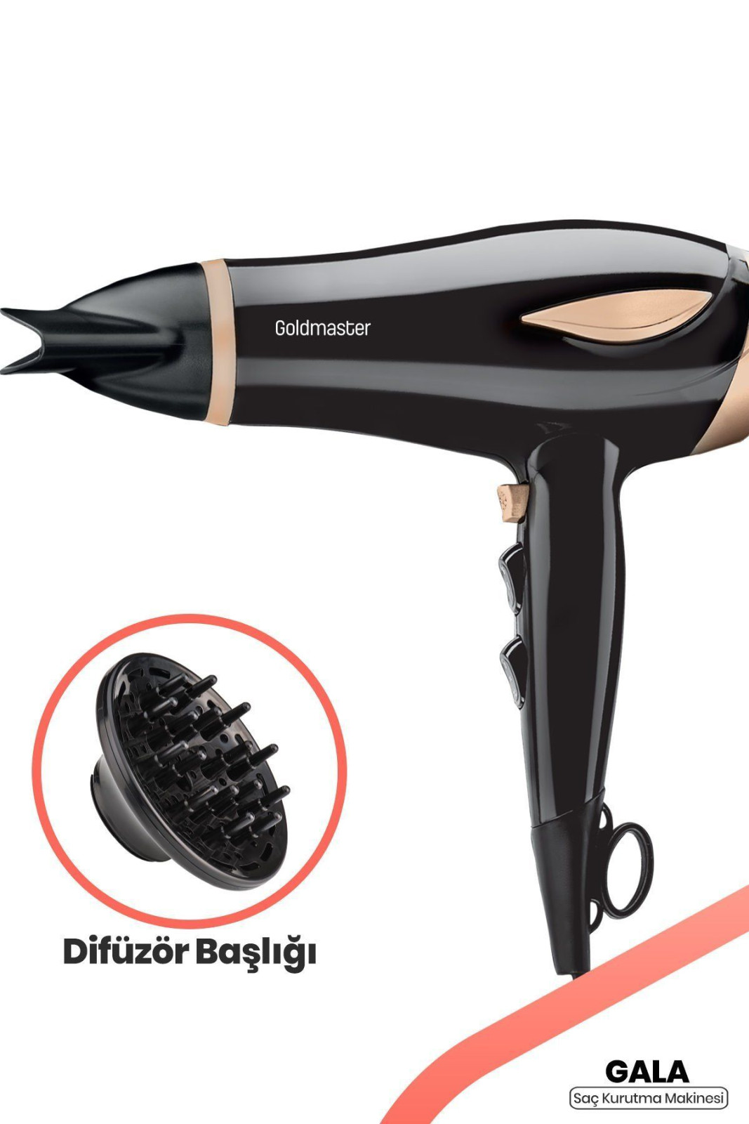 Goldmaster Gala 2200W Difüzör Başlıklı Saç Kurutma Fön Makinesi Gold