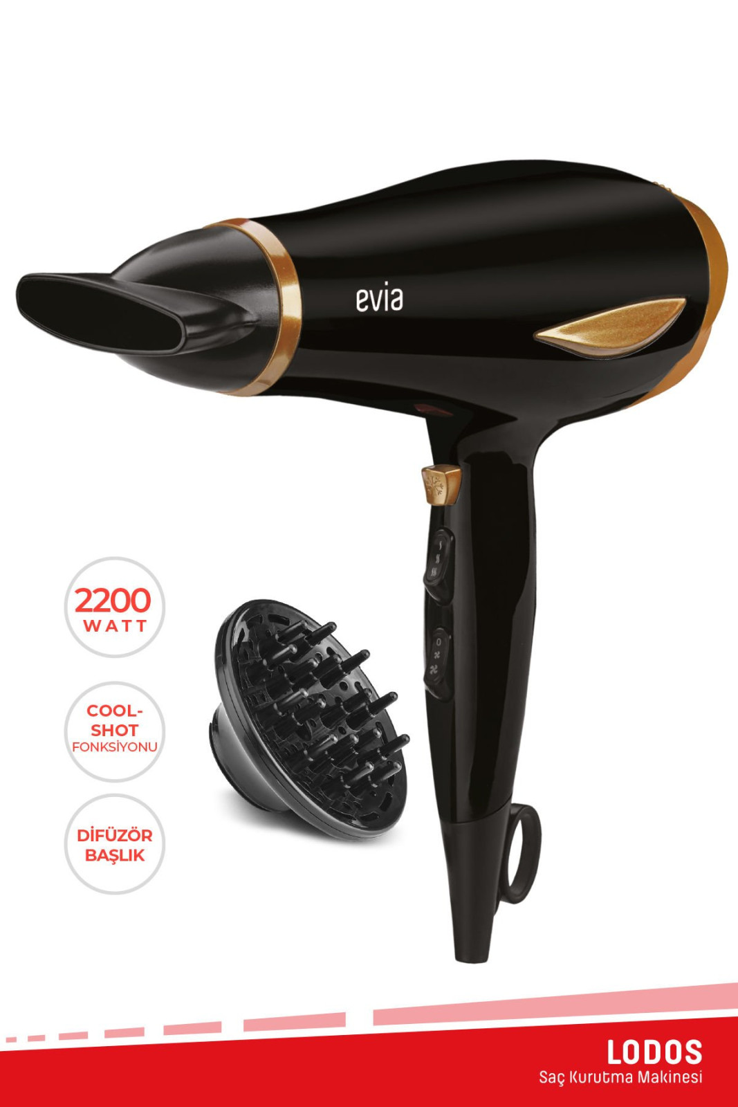 Goldmaster Lodos 2200 Watt Dc Motorlu Isi Ve Hiz Ayarli Difuzor Baslikli Sac Kurutma Makinesi Gold