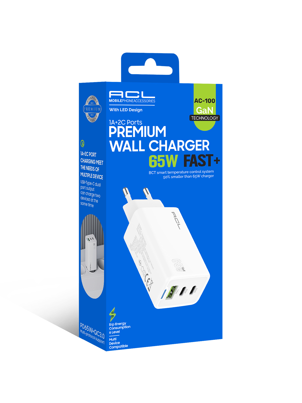 ACL AC-100 65W GaN Premium Hızlı Duvar Şarj Cihazı – 3 Portlu (2xType-C + 1xUSB-A) ve PD+QC 3.0 Destekli