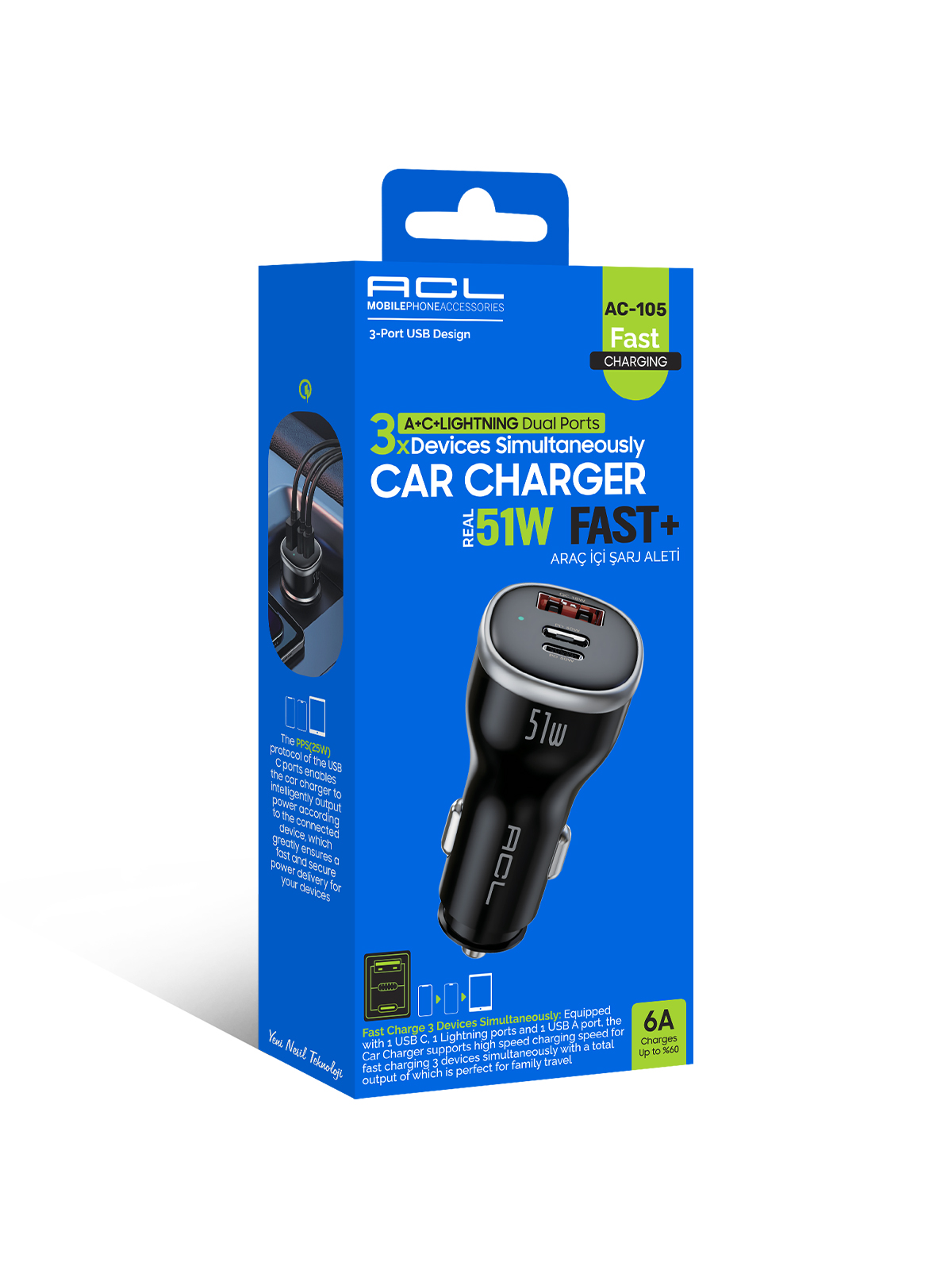 ACL AC-105 51W Süper Hızlı Araç Şarj Cihazı – Dahili Lightning Kablolu + PD 30W USB-C ve QC 18W USB-A